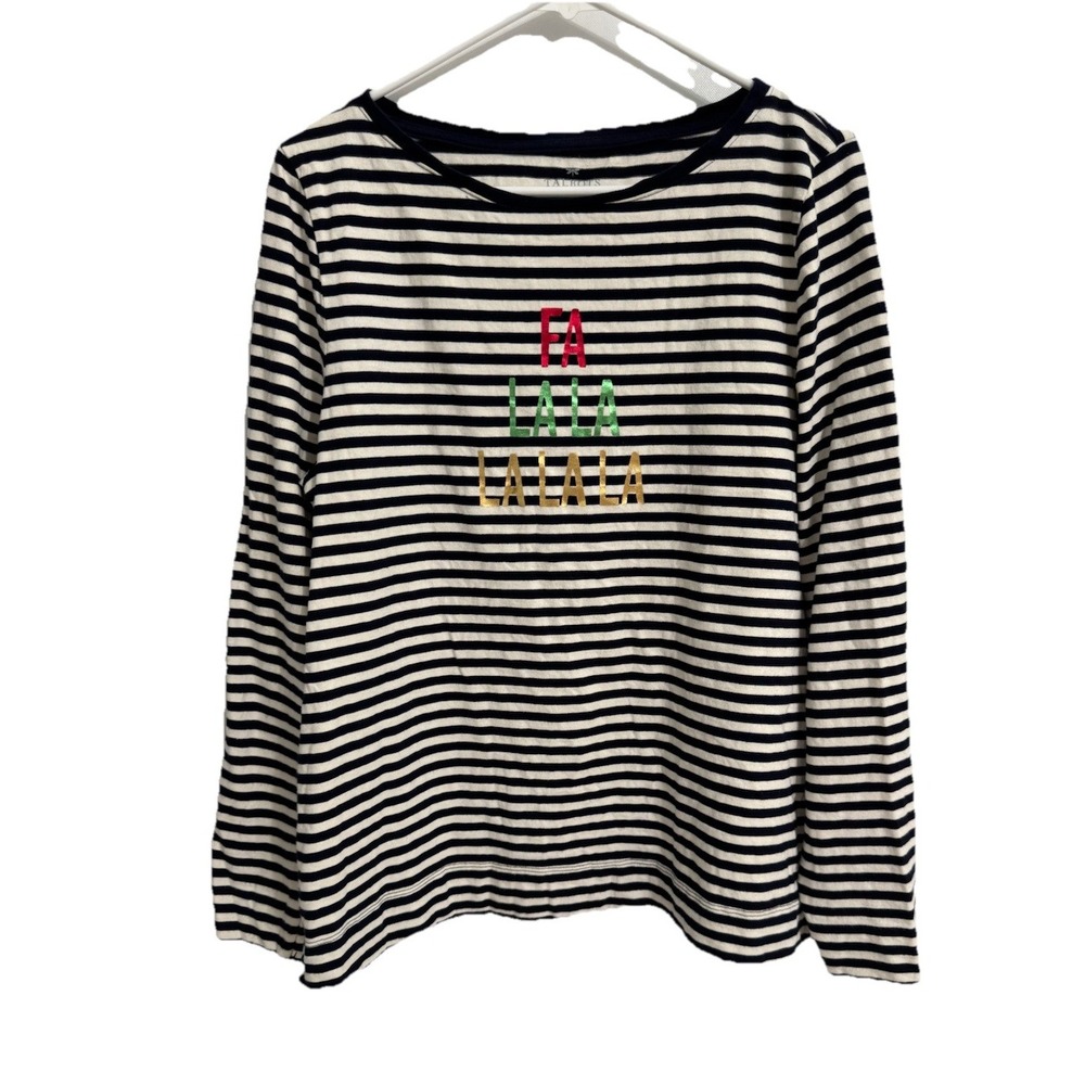 Talbots Size XL Woman Fa La La Holiday Knit Top Navy Ivory Stripe Long Sleeve